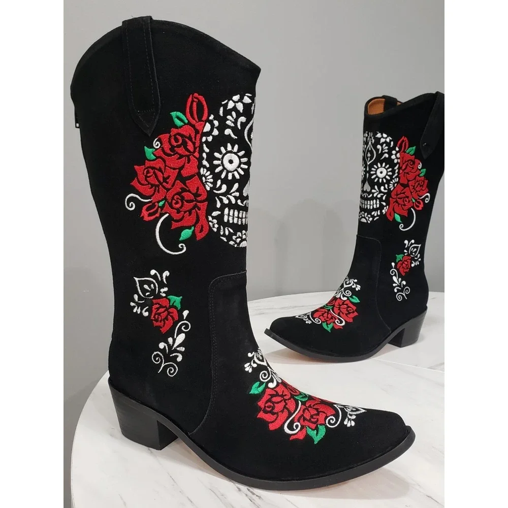 Agave Sky Suede Western Boots Calavera Cowboy Skull Roses Day of The Dead Witchy